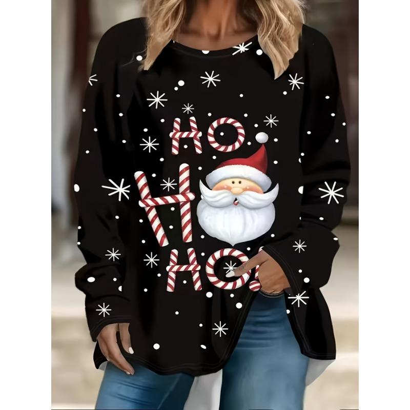 2025 new Plus size women's Santa Claus print casual long sleeve round neck T-shirt