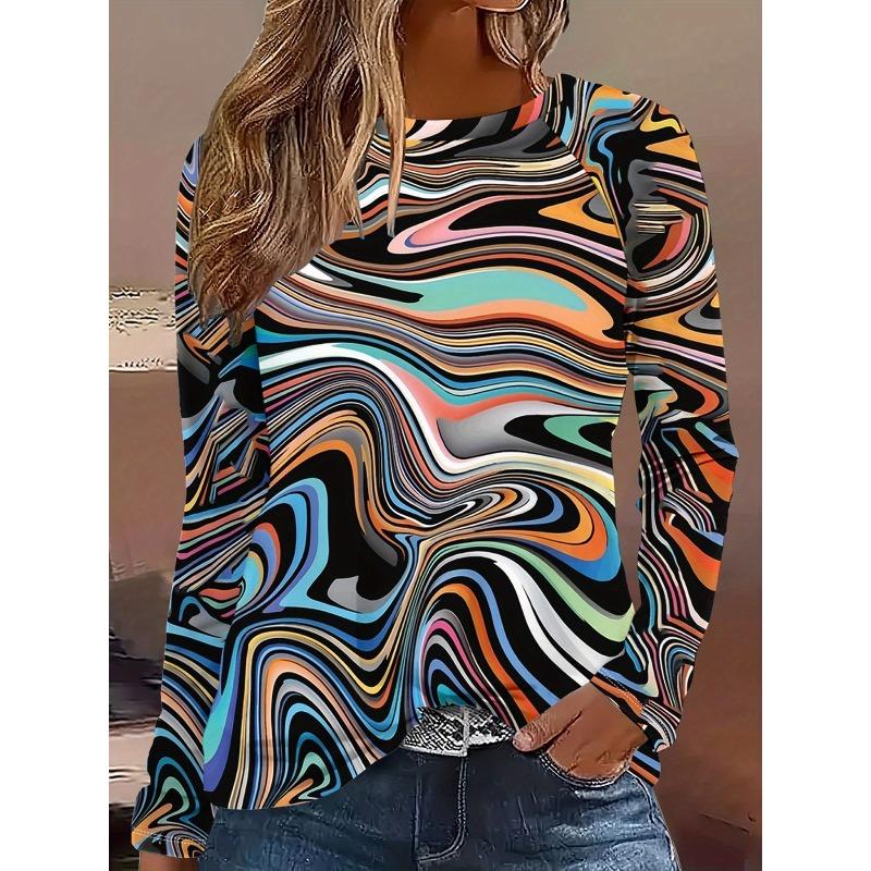 Women's Autumn and Winter 3D Printed Crew Neck Long Sleeve T-Shirt Fashion Versatile Breathable Trend Casual