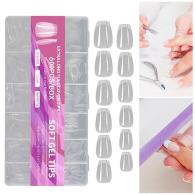 Yousheng 600Pcs/Box Square Nail Art Tips Ultra-thin Transparent Nail Extension Tips Crease Free Full Cover Fake Nails DIY Manicure Accessories