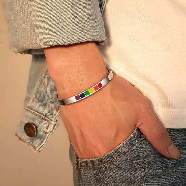 LGBTQ Cuff Bangle Bracelets Stainless Steel Rainbow Lovers Bracelets for Unisex