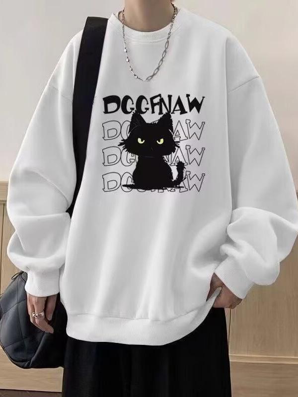 Men's Stylish Printed Round Neck Cat Hoodie - Autumn/Winter Loose Casual Plus Velvet Top