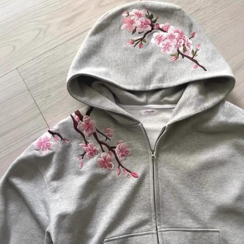 Harajuku Retro Cherry Blossom Print Hooded Sweatshirt Unisex Casual Streetwear Loose Fit
