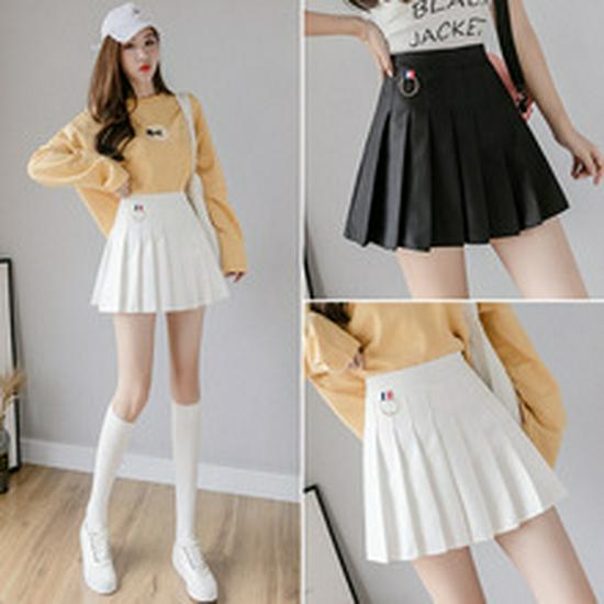 Spring 2025 Women's High Waist Plaid Pleated Skirt - Black A-Line Slimming College Style