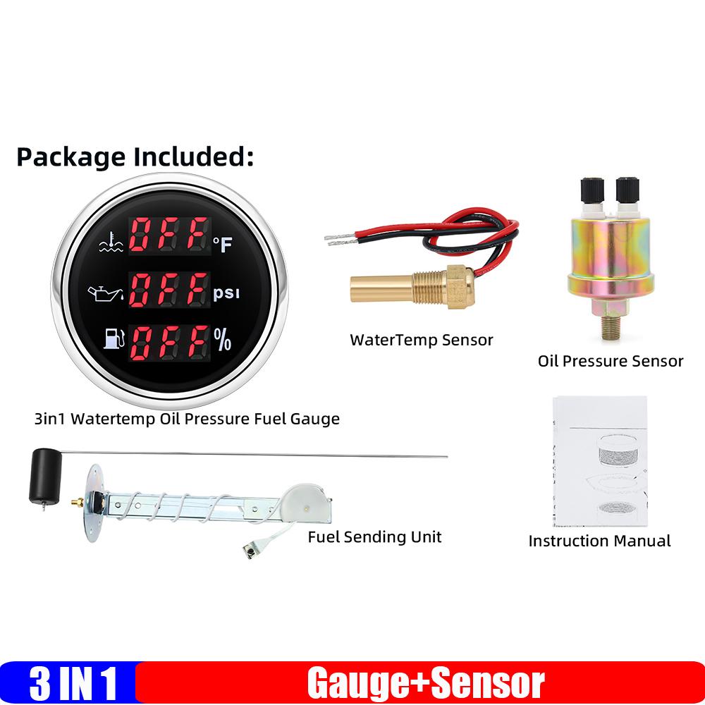 Digital 3 IN 1 Multi Meter Red LED 52mm Water Temperature Gauge+Oil Pressure+Fuel Level Gauge with Sensor 240-33ohm Boat