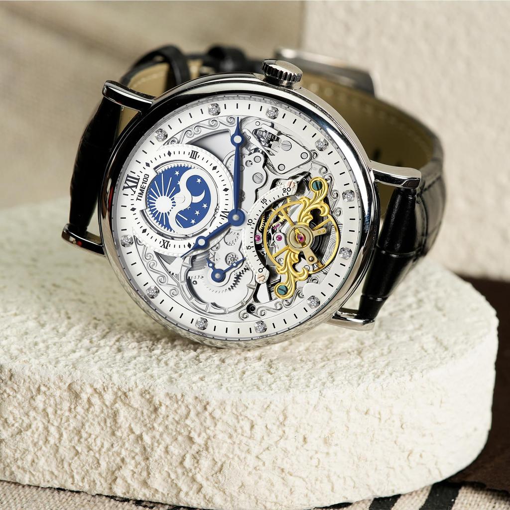 TIME100 Luxury Men's Automatic Skeleton Watch with Stainless Steel and Genuine Leather Band, 50M Water Resistance (Silver)