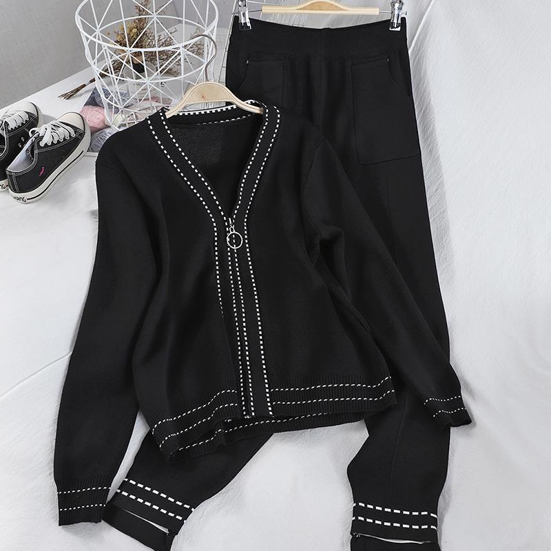 2ks/set Pletený oblek Ženy Módní Cardigan s výstřihem do V + Ležérní pletené kalhoty Dvoudílné dámské oblečení na jogging