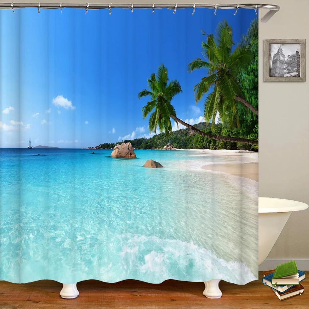 Seaside Scenic Beach Shells Shower Curtains Bathroom Curtain Frabic Waterproof Polyester Bath Curtains for Bathroom 180x180cm