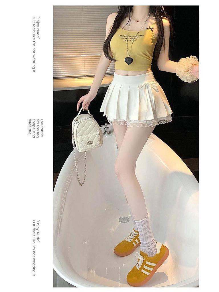 Sweet Pleated A-Line Mini Skirt with Lace Patchwork, High-Waisted and Anti-Exposure, 2025 Summer Collection