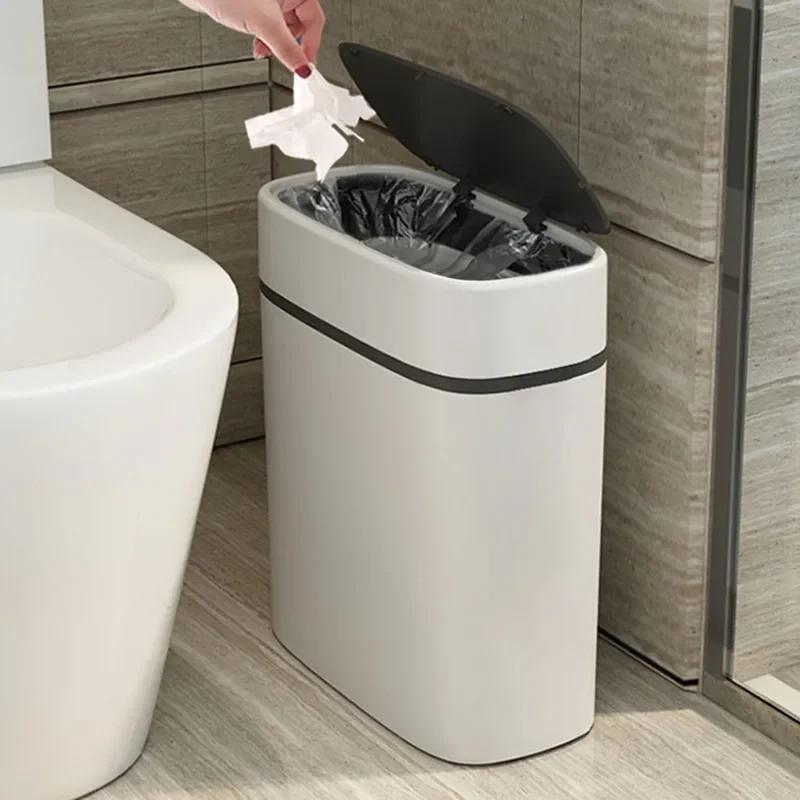 12L Smart Pressing Type Waste Bins Bathroom Parlor Kitchen Household Storage Bucket Toilet Waterproof Narrow Slot Trash Can