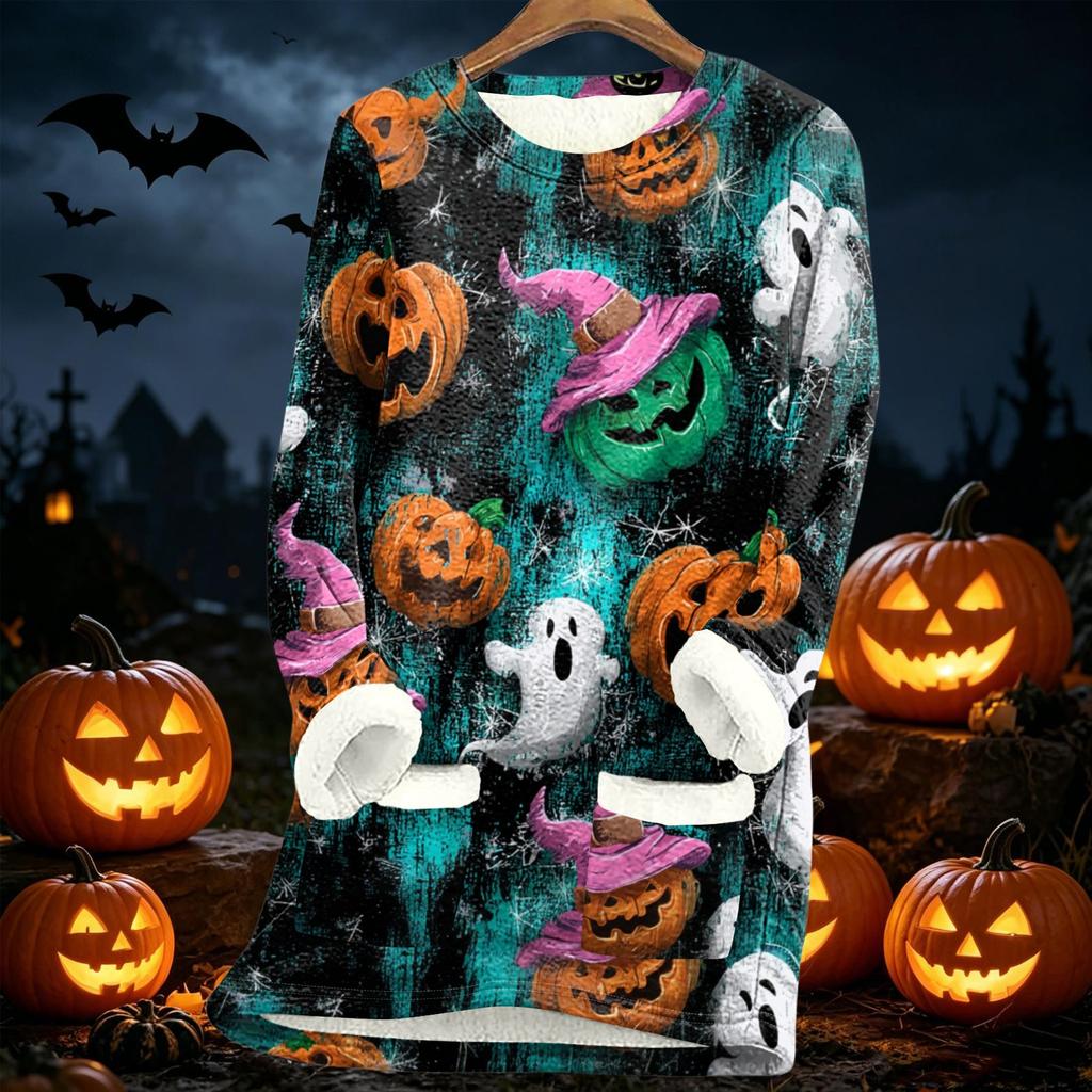 Women's Long Sleeve Pullover Fleece Lined Sweatshirt Cozy Thick Warm Lamb Wool Autumn Winter Top Halloween Print