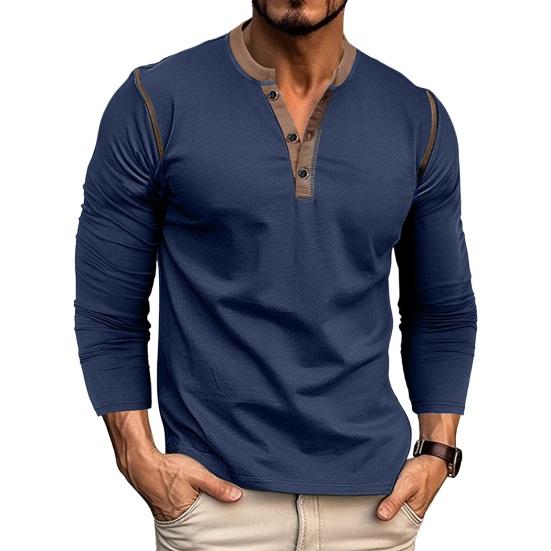 Fall Spring Men Shirt Buttoned Stand Collar Color Matching Pullover Slim Fit Mid Length Casual Daily