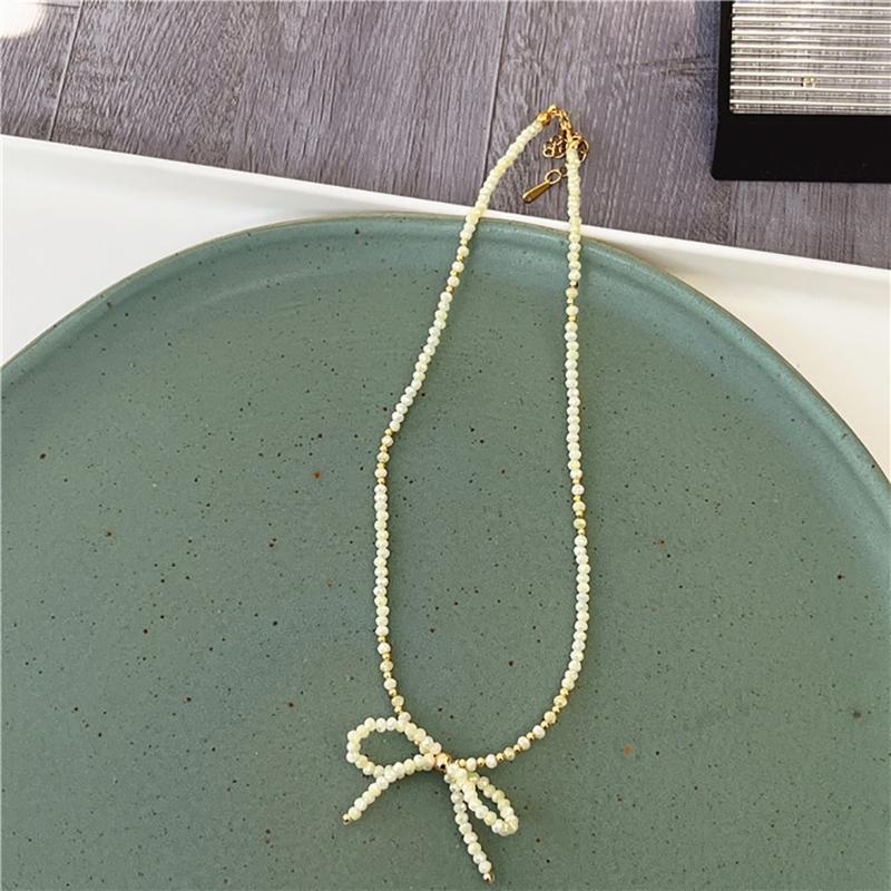 Delicate Beaded Choker Necklace with Bowknot Pendant Stylish Collar Necklaces Adjustable Chain  for Women and Girls