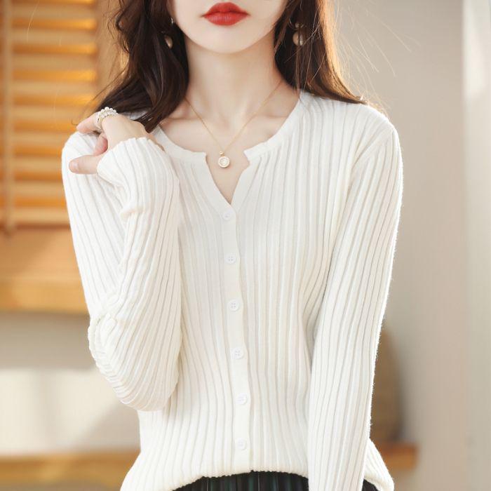 Damski kardigan swetrowy z dekoltem w serek, wyszczuplający, z długim rękawem, na jesień/zimę 2024