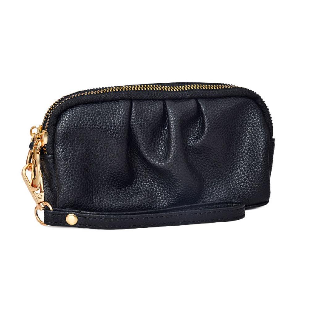 Portable PU Leather Women Long Wallet Double layer Large Capacity Shopping Wrist Bag Zipper Solid Color Handbag