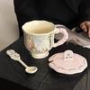Large Ceramic Mug with Cute Rabbit and Flowers Design, Lid, and Spoon