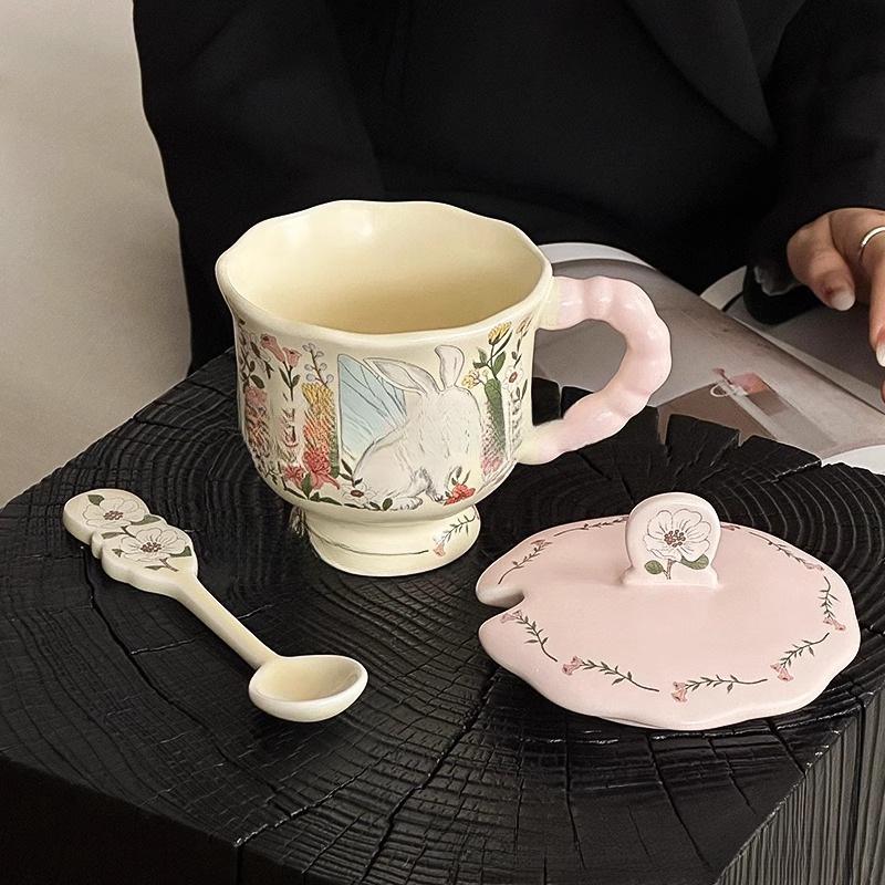 Large Ceramic Mug with Cute Rabbit and Flowers Design, Lid, and Spoon