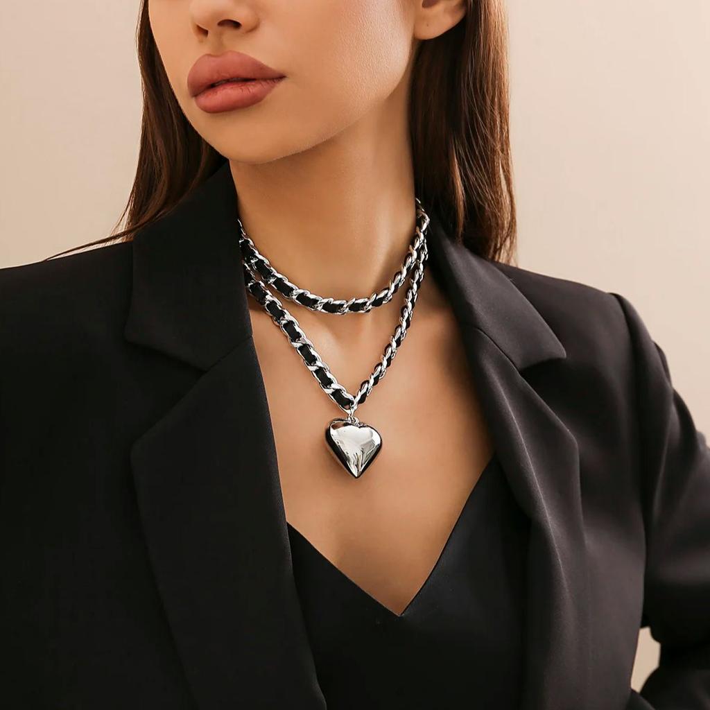 PuRui Trendy Kjærlighetshjerte Anheng Halskjede for Kvinner Lenkekjede Med PU-tau Sjarm Choker Zirkon På Halsen Damer Elegante Gaver