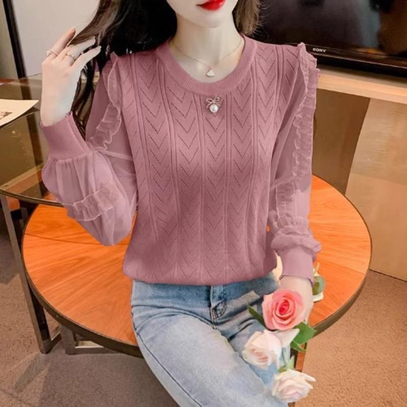 

Весенняя новая трикотажная рубашка из ледяного шелка для женщин с шифоновыми рукавами, трикотажная футболка с длинным рукавом, топ M розовый