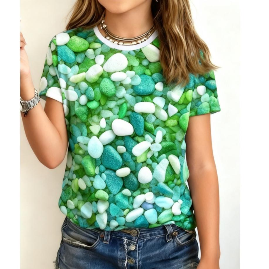 Children's Cute Multicolor Stone 3D Printing T-shirts Girls Fashion Soft Comfortable T-shirts Kids Top