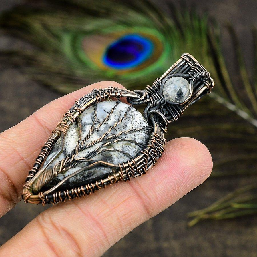 Dendrite Opal, Moonstone Gemstone Copper Wire Wrap Jewelry Pendant 2.80"