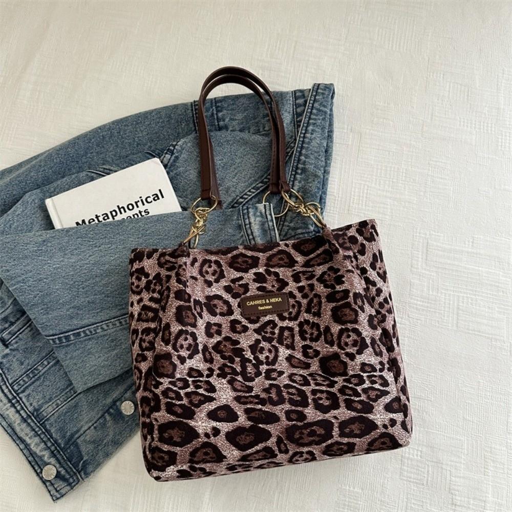 PU Leather Leopard Print Shoulder Bag Zipper Closure Tote Bag Chain Strap Handbag Commuting