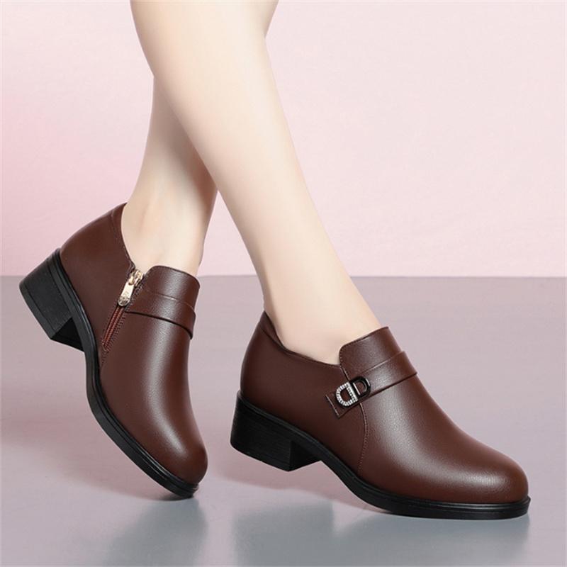 New Autumn Soft Leather Women's Shoes Soft Bottom Deep Mouth Casual Mom Shoes Comfort Mid High Heels Women Shoes Size 35-42