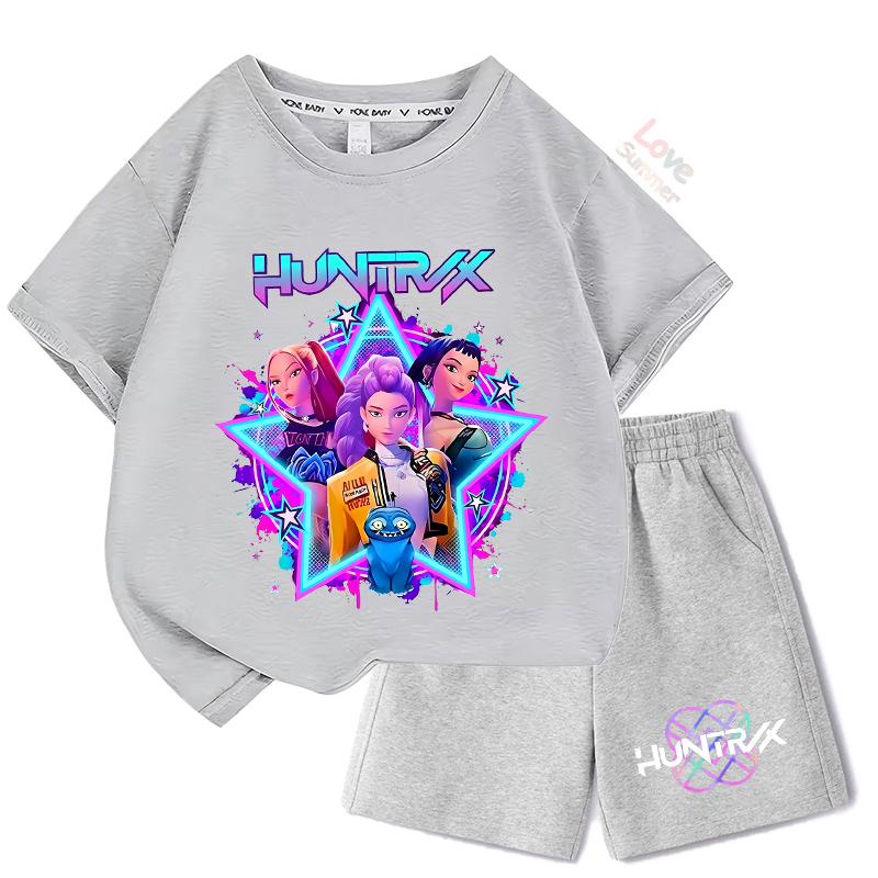 Sommer-T-Shirt Zweiteiliges Set Kinder Oberteile Mädchen Huntrx KPop T-Shirts Devil Hunter Mädchengruppe Bedrucktes Kurzarm-Shorts-Set