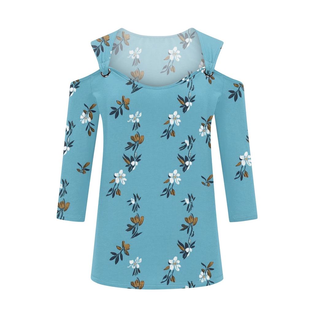 Women's Casual Shirt Blouse Print V-neck Sexy Cold Shoulder 3/4 Sleeve Top