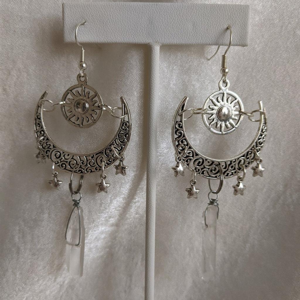 Boho Wykwintne Starożytne Srebro Wzory Ażurowe Kształt Półksiężyca Słońce Gwiazdy Frędzle Wisiorek Wiszące Kolczyki dla Kobiet Biżuteria