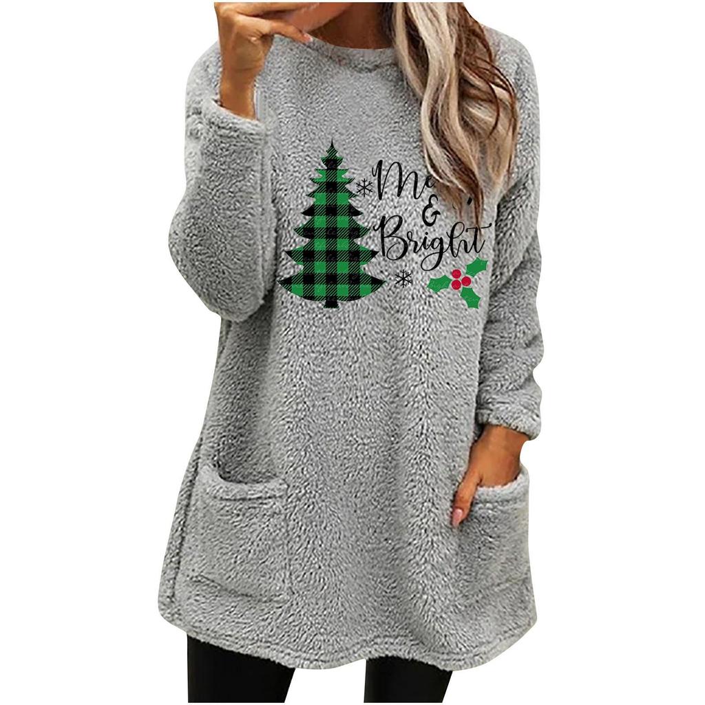 European & American Women's Christmas Tree Print Loose Plush Hoodie with Pockets
