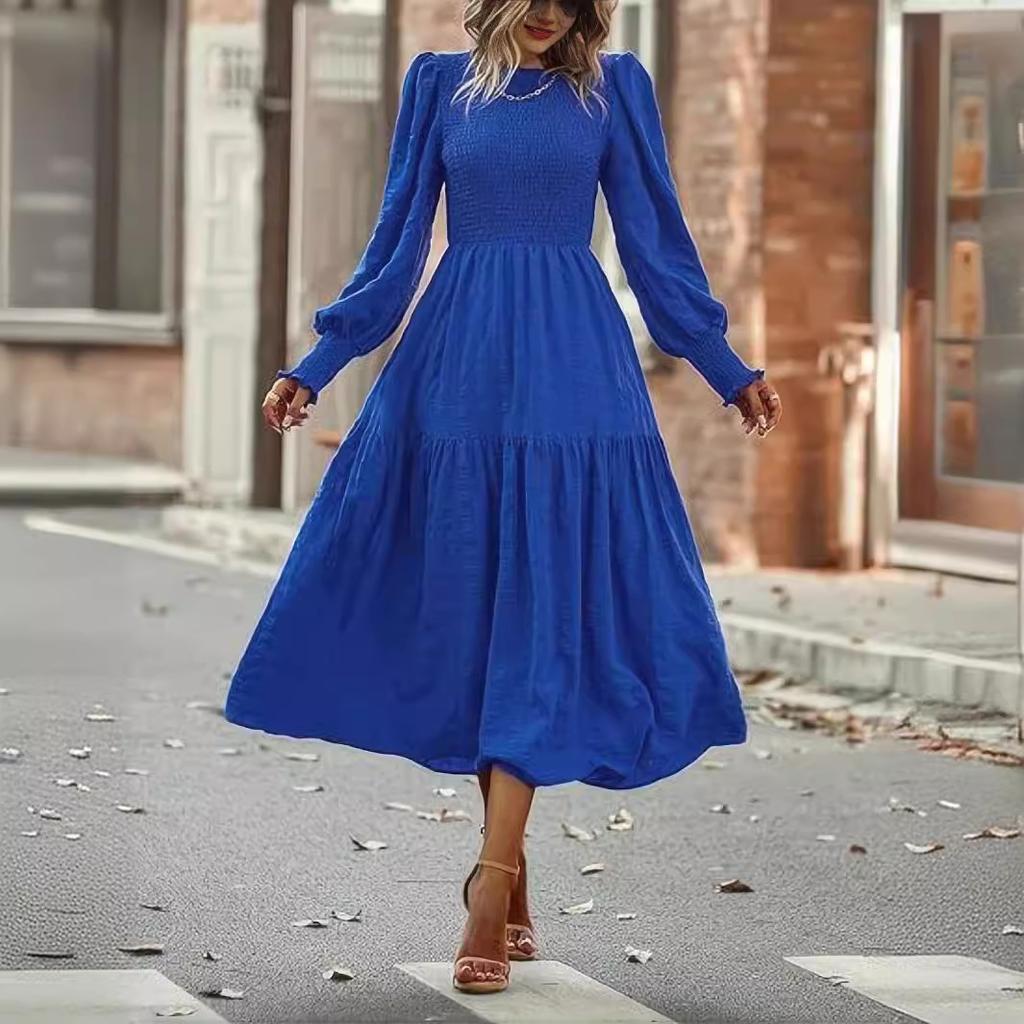Boho Lantern Sleeve Dress Women - Round Neck Long Sleeve Maxi Casual Loose Fit Fall Vacation Dress
