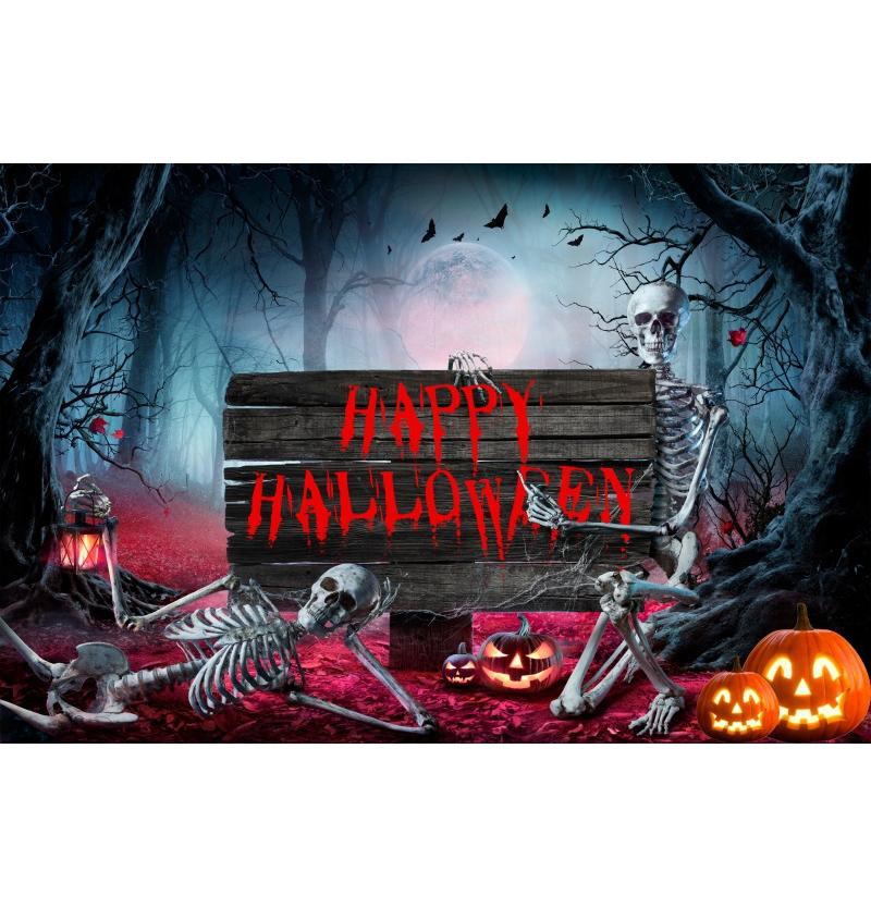 Happy Halloween Skeletons Photography Backdrop Spooky Forest Moonlit Pumpkin Lantern Party Decor Photo Studio Props Background