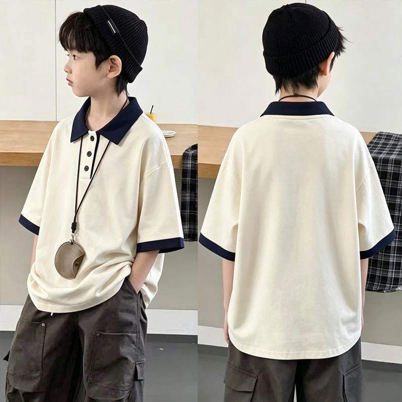 Boys' Loose Color-Block Cotton Polo Shirt - New Korean Style, Lapel Short Sleeve, Trendy Summer Top for Middle and Big Kids