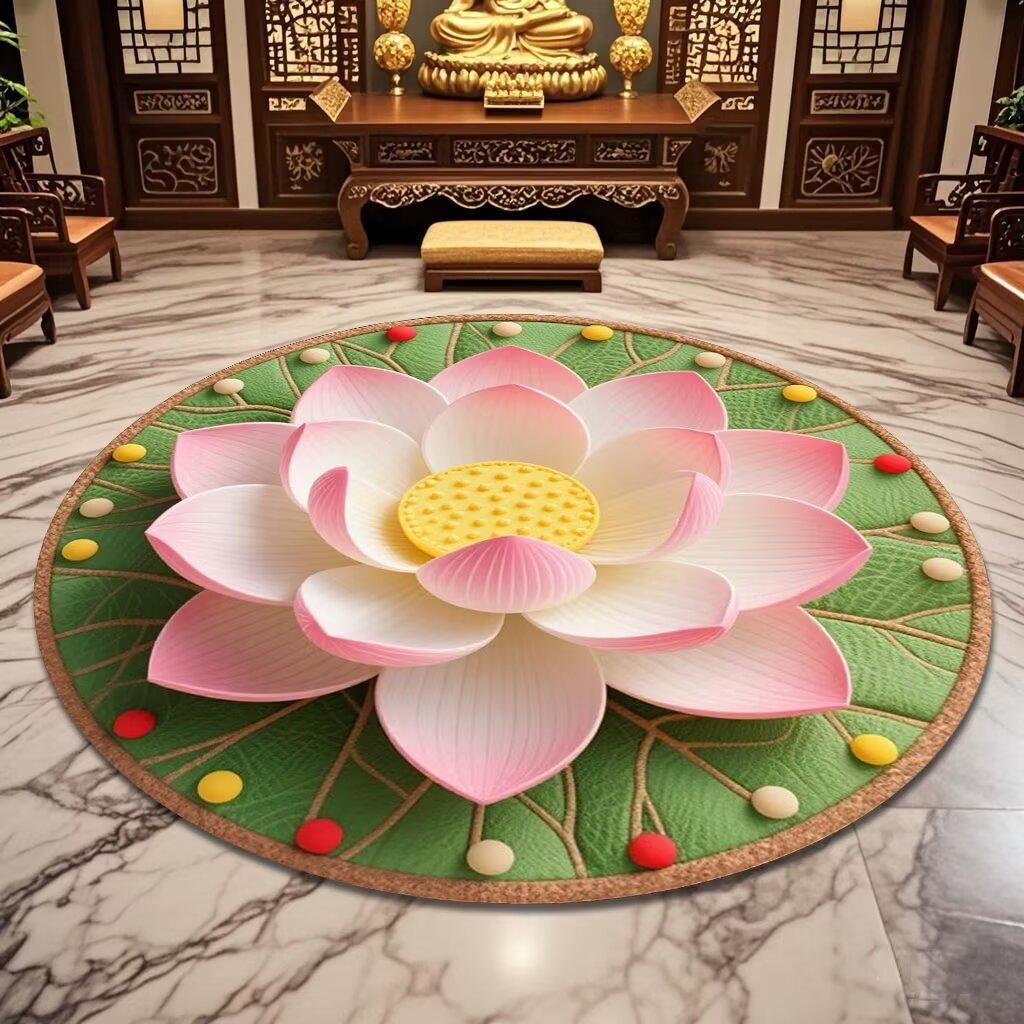 Modern Lotus Pattern Round Carpet Lint-free Decoration Home Living Room Rug Antiskid Soft Room Decor Chair Mat Easy Cleaning