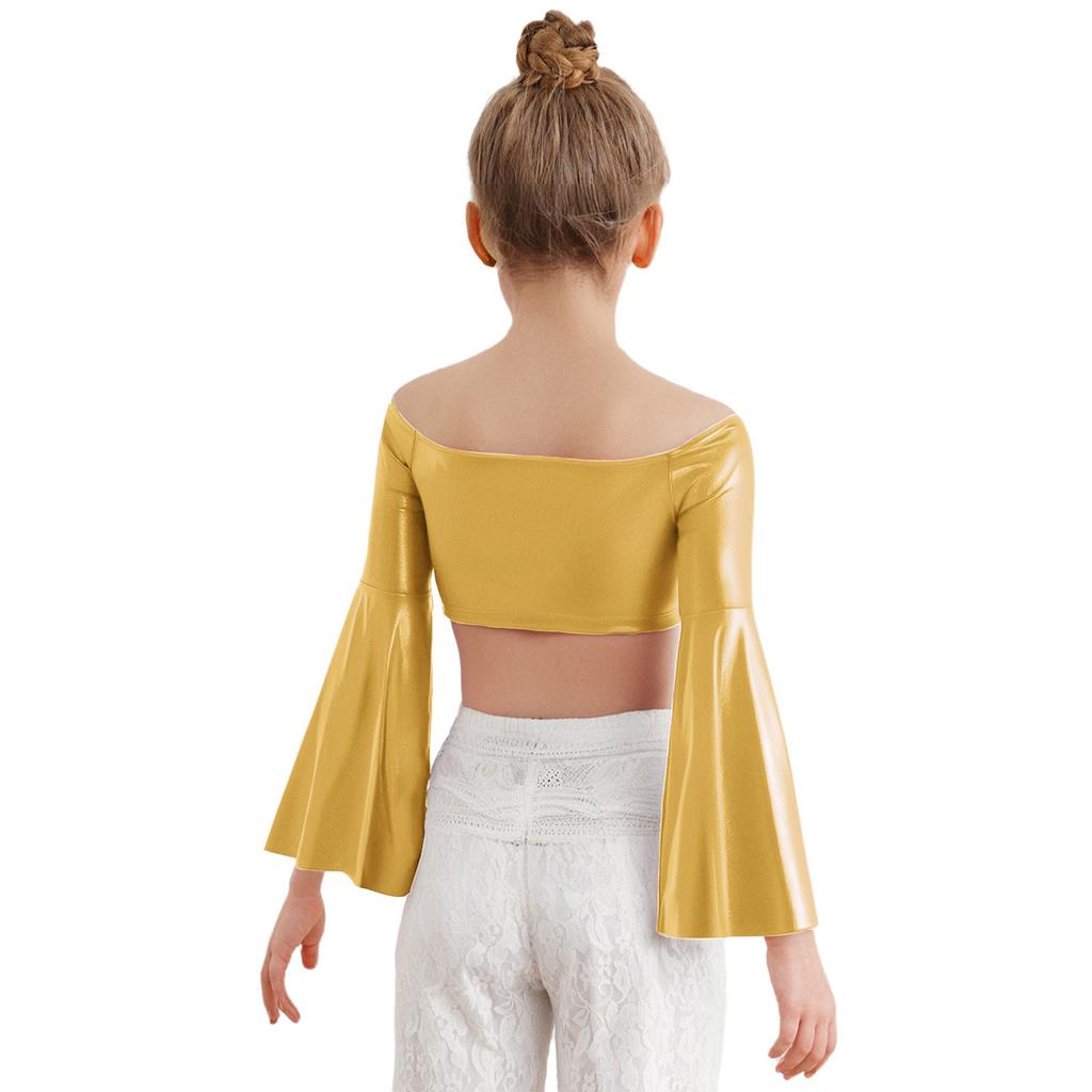 Flickors Prestanda Crop Top Lång Utställd Ärm Off Shoulder Metallisk Design Födelsedagsfest Toppar