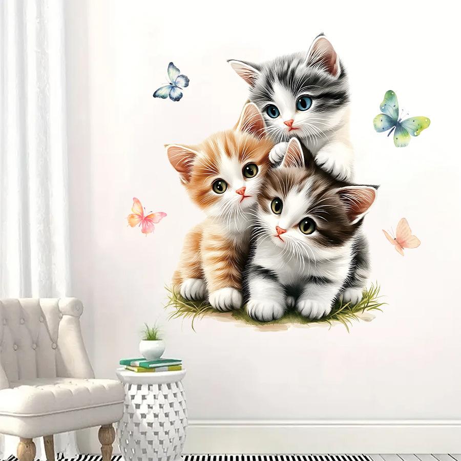 3D Cute Cartoon Kitten with Butterfly Wall Stickers, Healing Style Self-Adhesive Decor for Kids Room Decoration