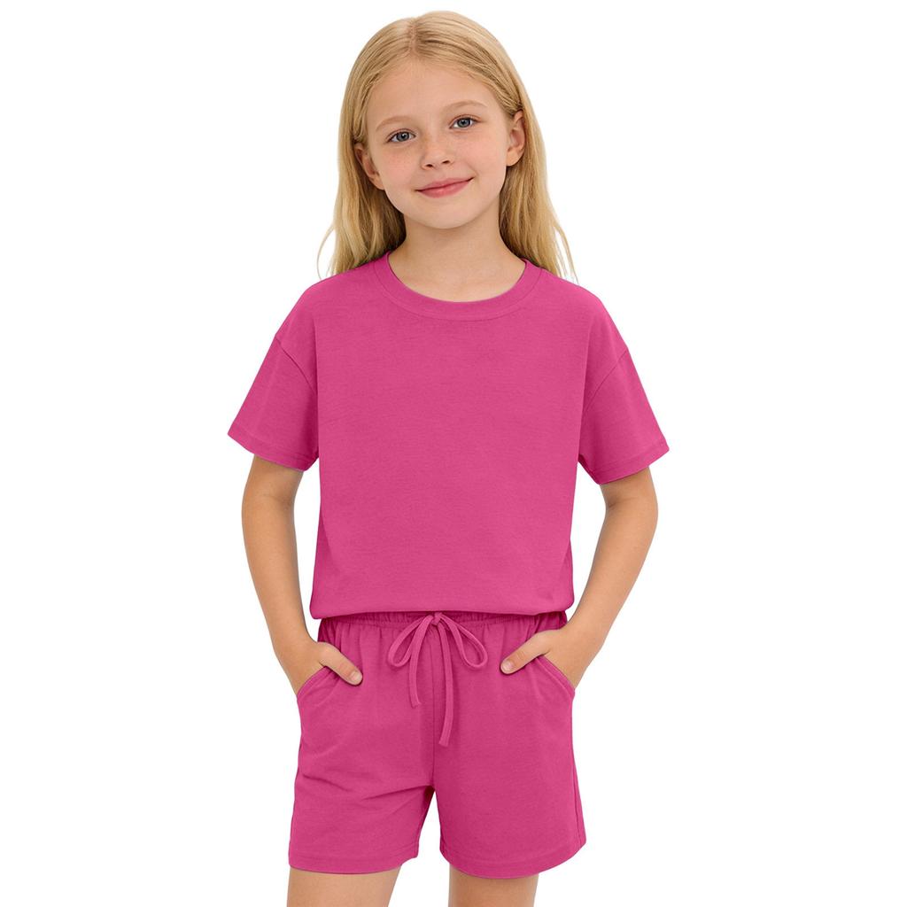 Kids Solid Color Shorts Set Drawstring Waist Pockets Crew Neck T-Shirt Casual Summer Outfit for Boys and Girls