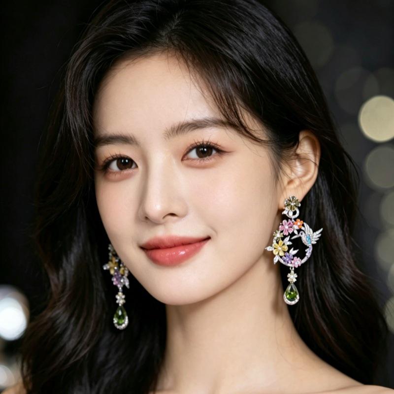 2026 Elegant S925 Zircon Long Dangle Earrings for Women - Light Luxury Floral Design Sterling Silver Ear Ornaments