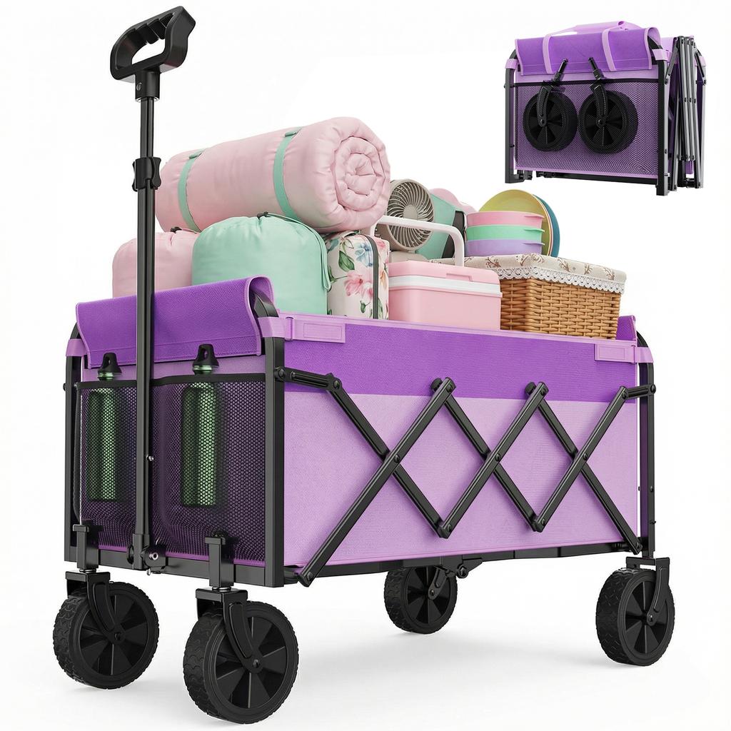 Mini Wagon Foldable Small 100KG, Hand Cart, Shopping Cart Camping Cart with Height-Adjustable Handle, Light & Space-Saving & Stable, Purple