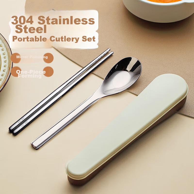Shihua 304 Stainless Steel Chopsticks And Spoon Portable Cutlery Set, Student Portable Chopsticks And Spoon Storage Box Three-Piece Set