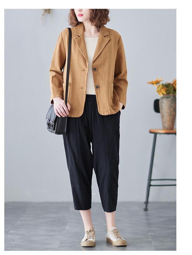 Women's 2024 Spring/Autumn Cotton-Linen Loose Casual Blazer - Plus Size, Long Sleeve, Short Jacket