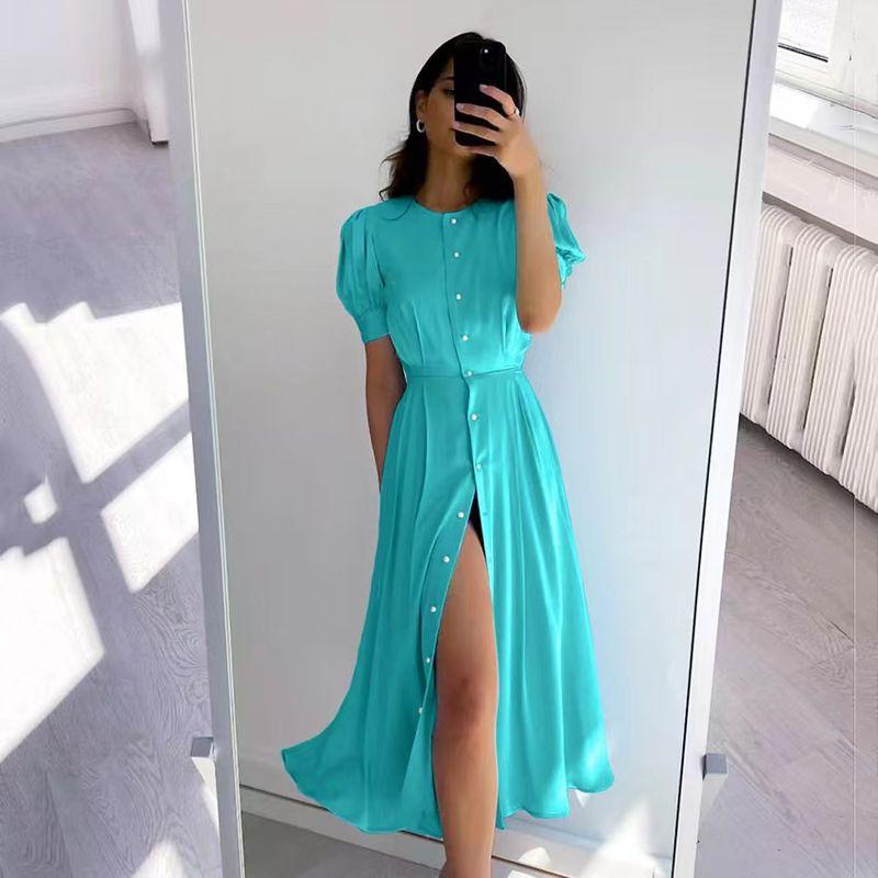 Fashion Style Puff Sleeve Dress Graceful and Fashionable Slit Dress Shirt Dress Puff Sleeve Dress