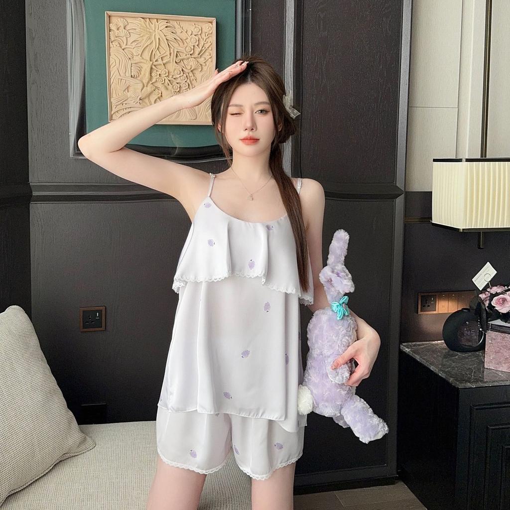 New sexy pajamas women's ice silk summer girl pure desire printing suspender nightdress loungewear can be worn outside