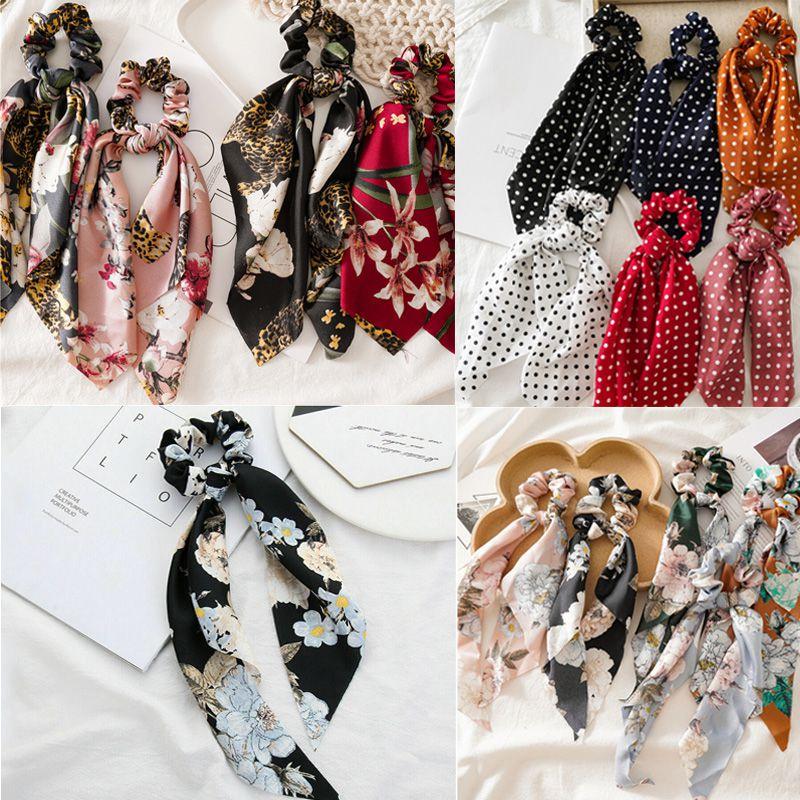 Elegant Floral Hair Bow Scrunchie Scarf With Boho Elastic Hairband And Ribbon Ties