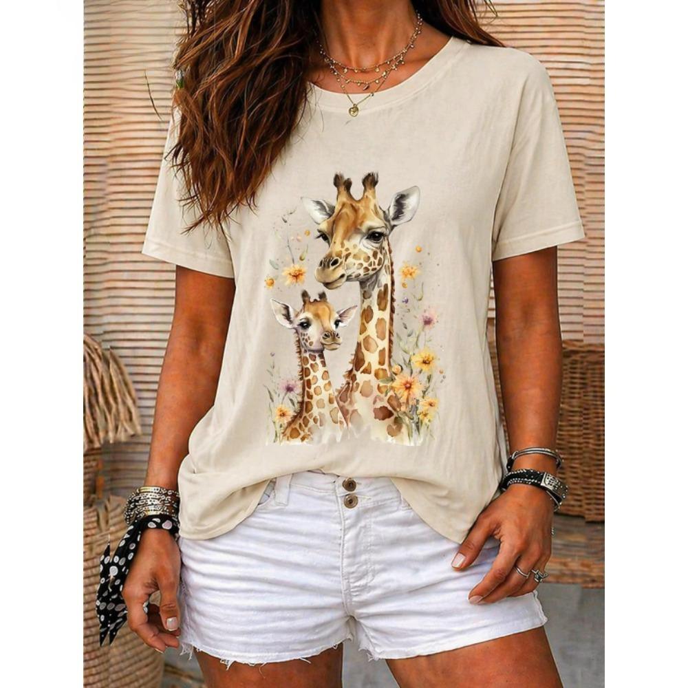 Fashion Women Retro Creative Giraffe Pattern Print T Shirt Funny Casual O-neck Short Sleeves T-shirt Summer Female Tee Shirt