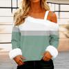 Women's Off-the-shoulder Plush Neck Printed Long-sleeved Pullover T-shirt Top