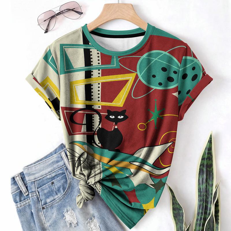 

Модная женская летняя футболка с кошкой, повседневная спортивная, с круглым вырезом, с короткими рукавами, с узором, абстрактная, дышащая, повседневная рубашка 6XL