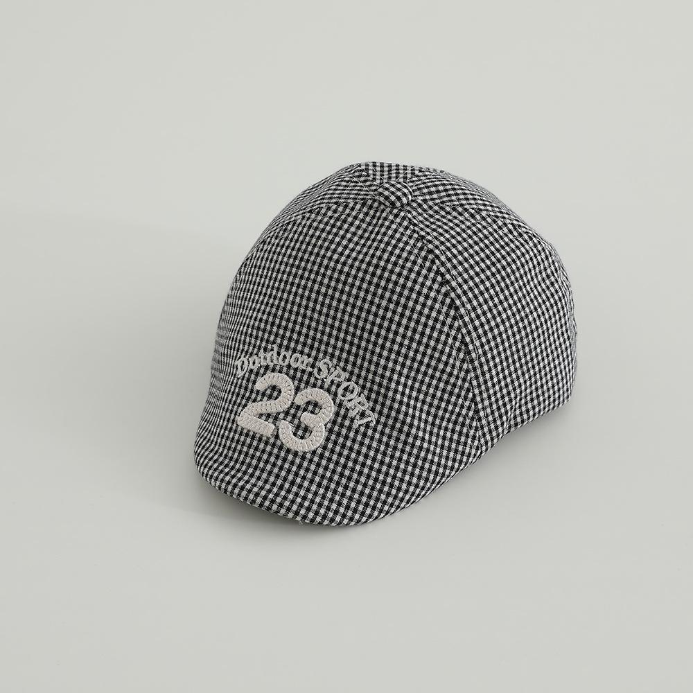 Retro Plaid Baby Beret – Spring/Summer Sun Hat with Embroidered "23" for Infants & Toddlers
