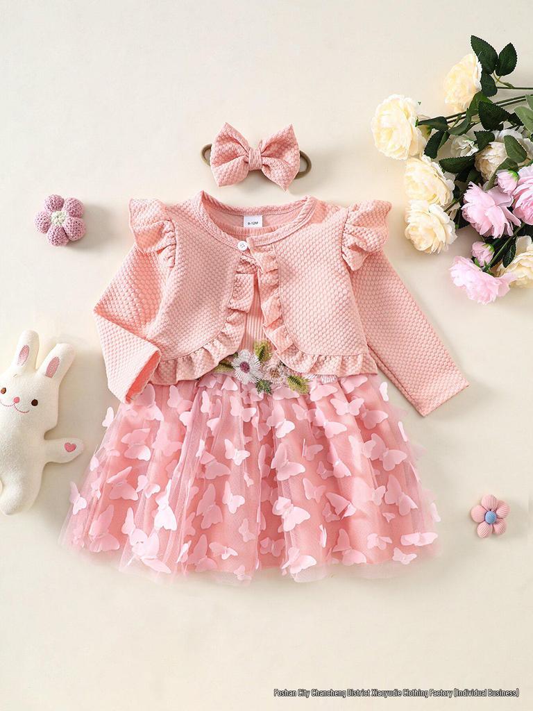 Bezrukávové šaty pre batoľatá dievčatá s kvetinovým patchworkom, sieťovanou sukňou s motýľmi a čelenkou