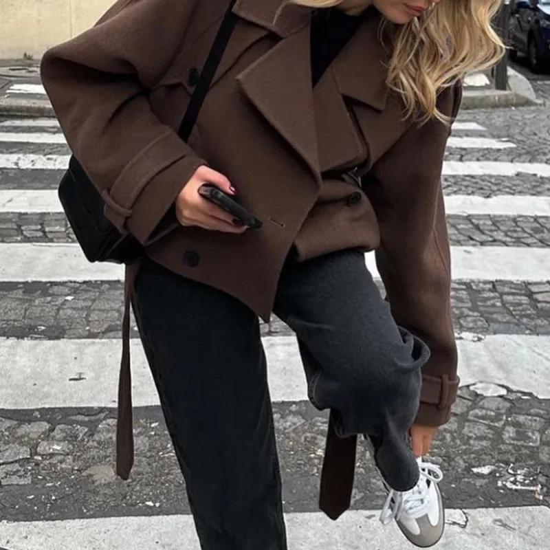 European and American Women's Clothing Big Lapel Woolen Sweater Fashion Short Belt Coat Jacket